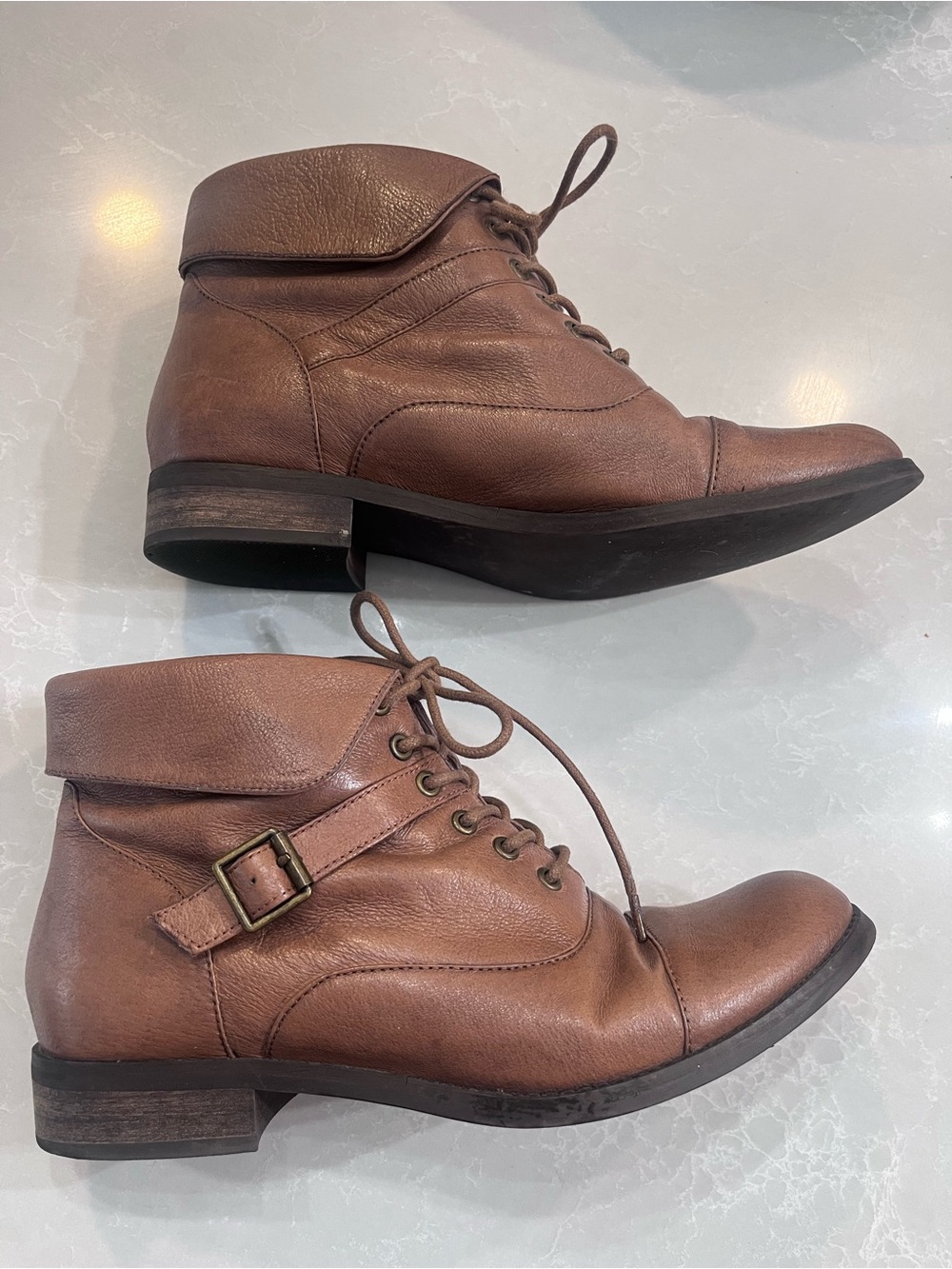 Steve Madden Brown Leather Lace-Up Ankle Booties with Buckle Detail